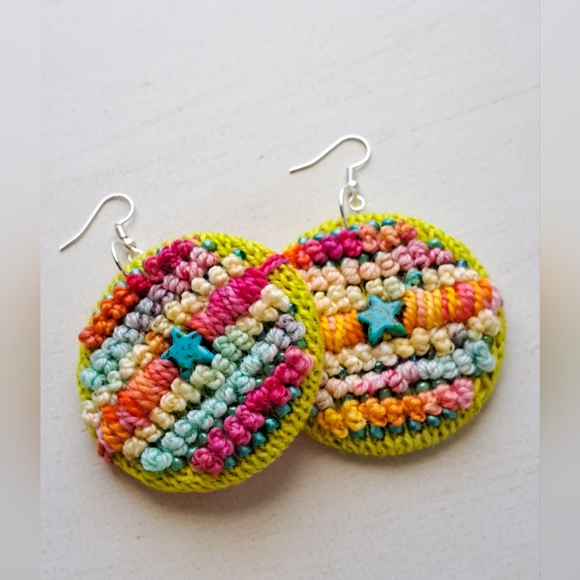 Hand Crafted Jewelry - Hand Crafted Multicolor Crochet Round Earrings with Teal Star Accent